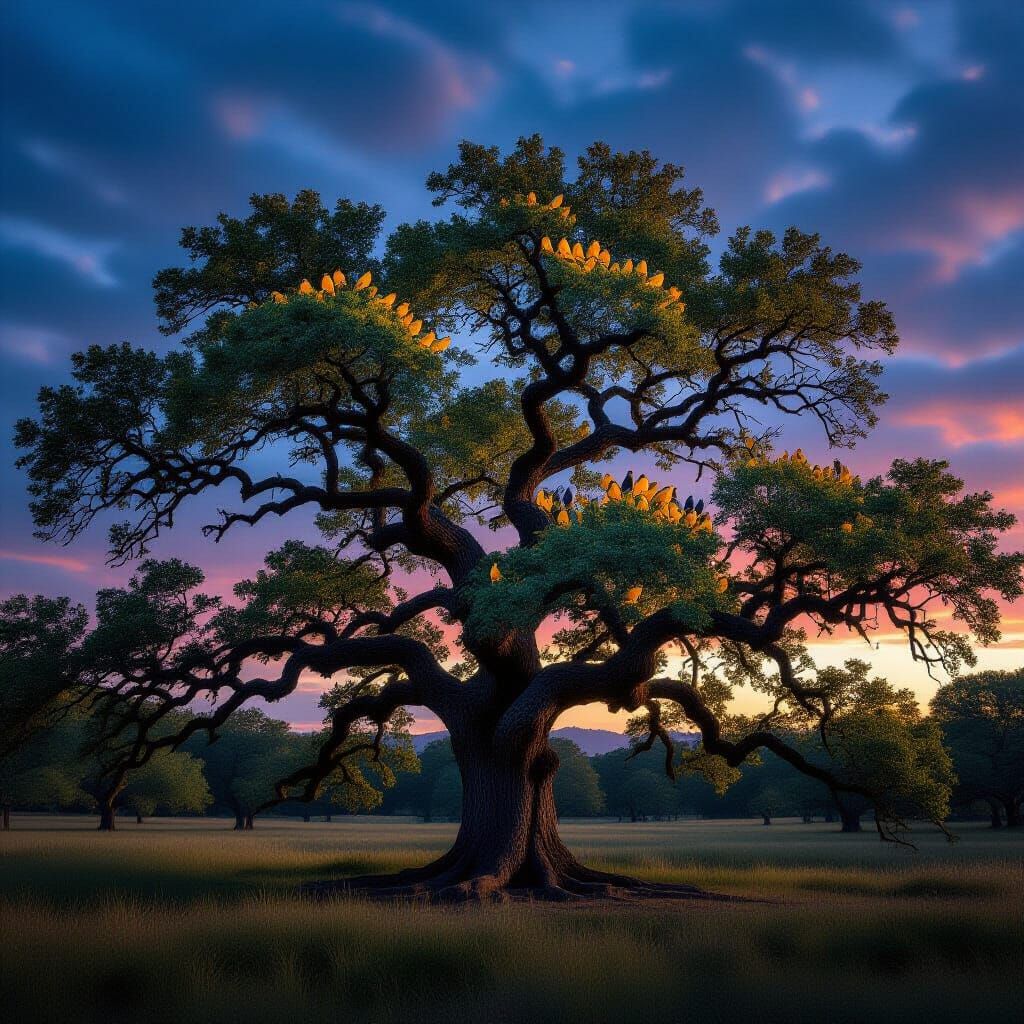 Ancient Oak Tree With Exotic Birds at Twilight