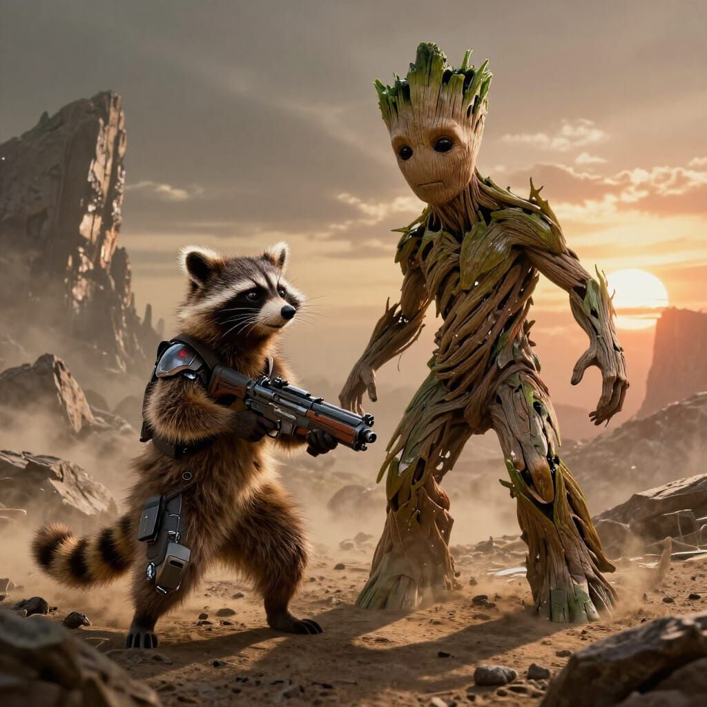 Rocket Raccoon and Groot in Tense Standoff on Alien Planet