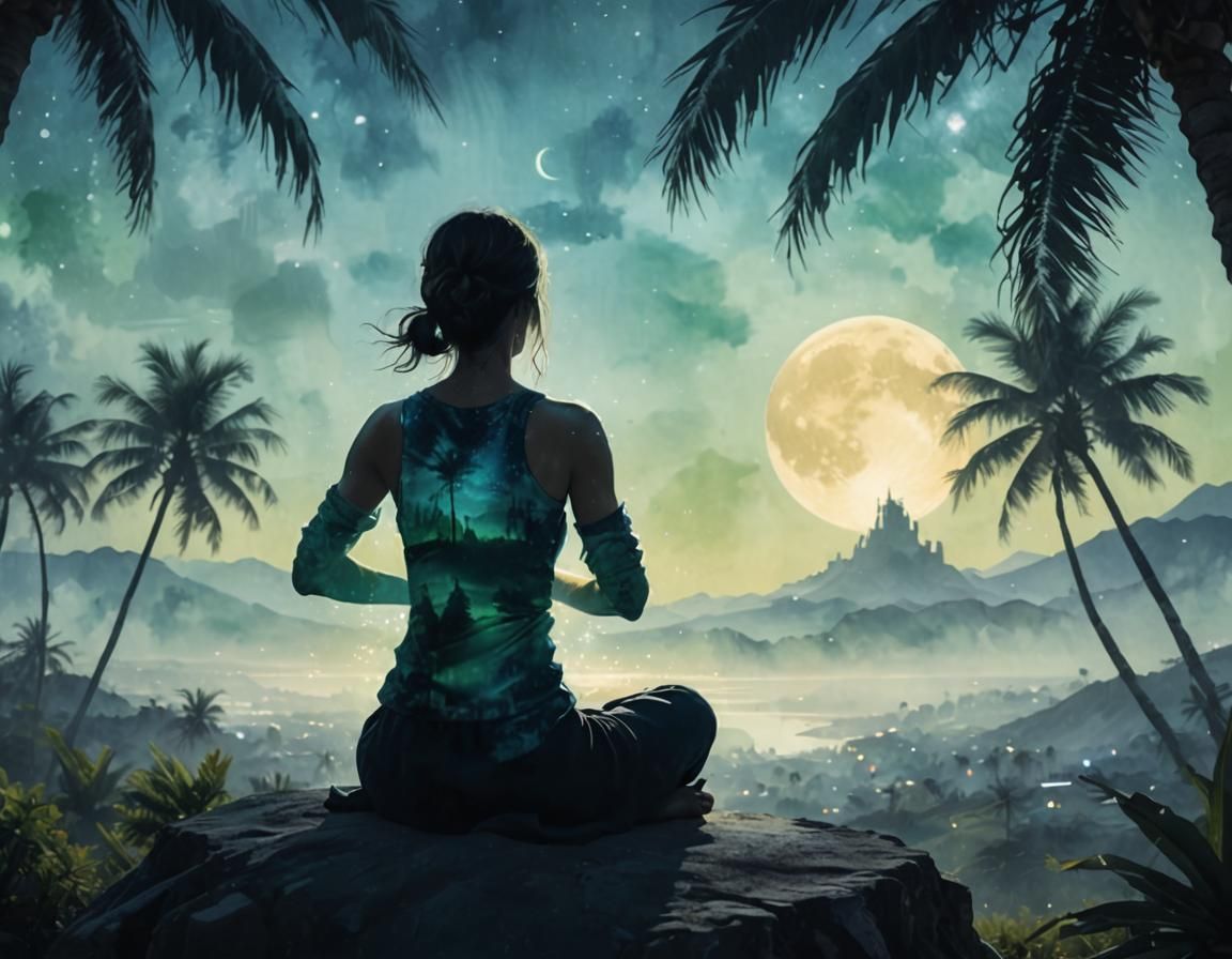 Meditating Woman Silhouette with Full Moon in Alcohol Inks