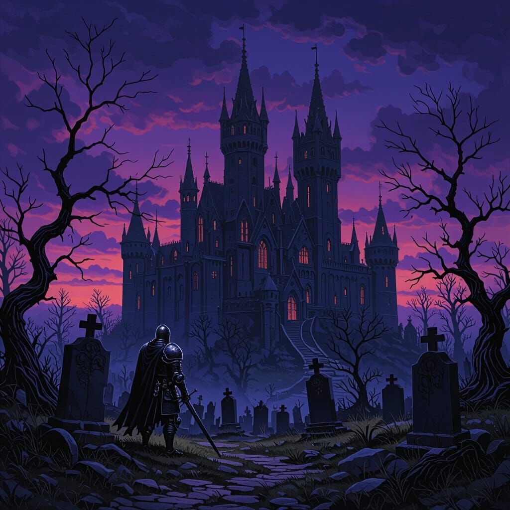 Gloomy Gothic Castle at Dusk with Weary Knight