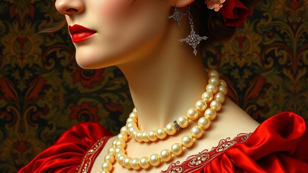 Elegant Woman in Red Gown: Pre-Raphaelite Portrait