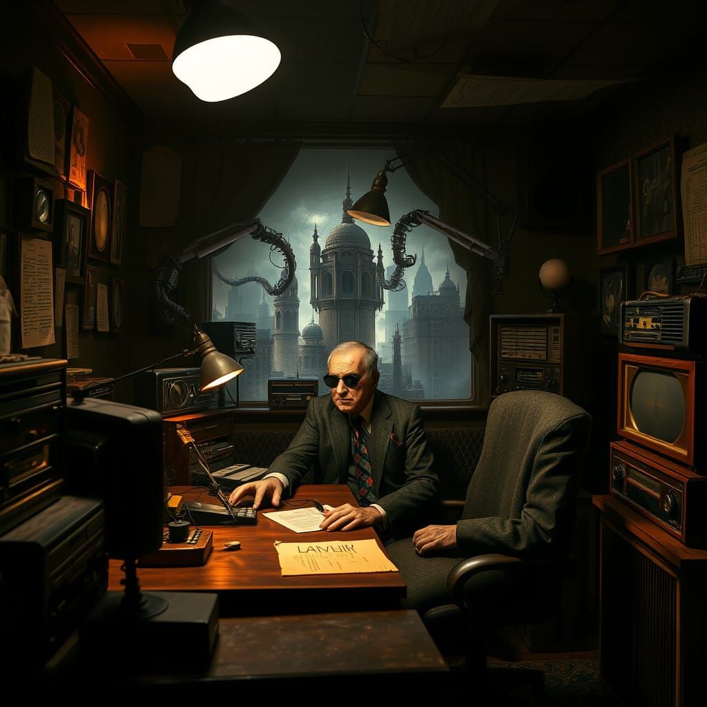 Surrealist Radio Studio Scene in Mysterious Yerevan Cityscap...