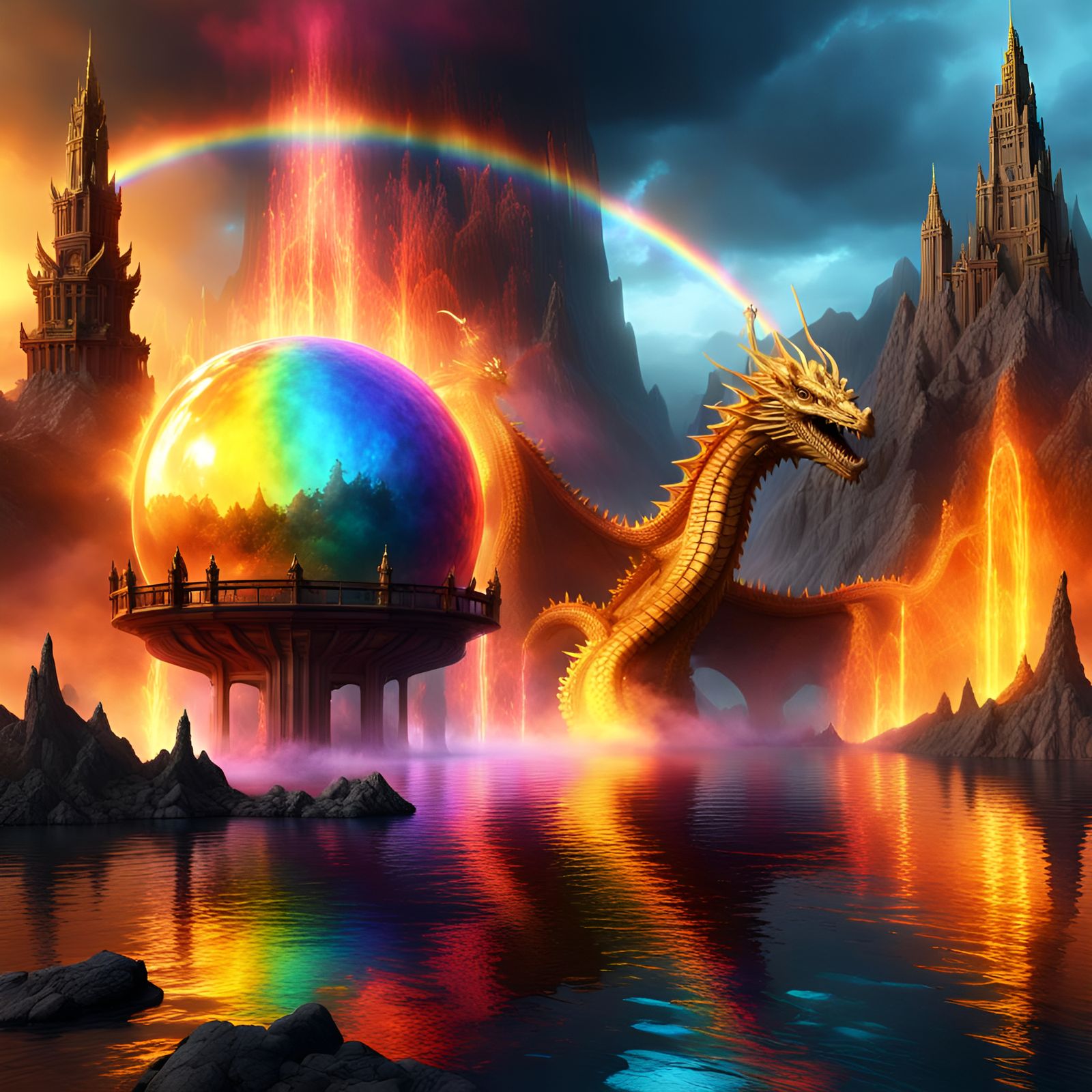 Golden Dragon in Lake of Fire with Rainbow Sphere