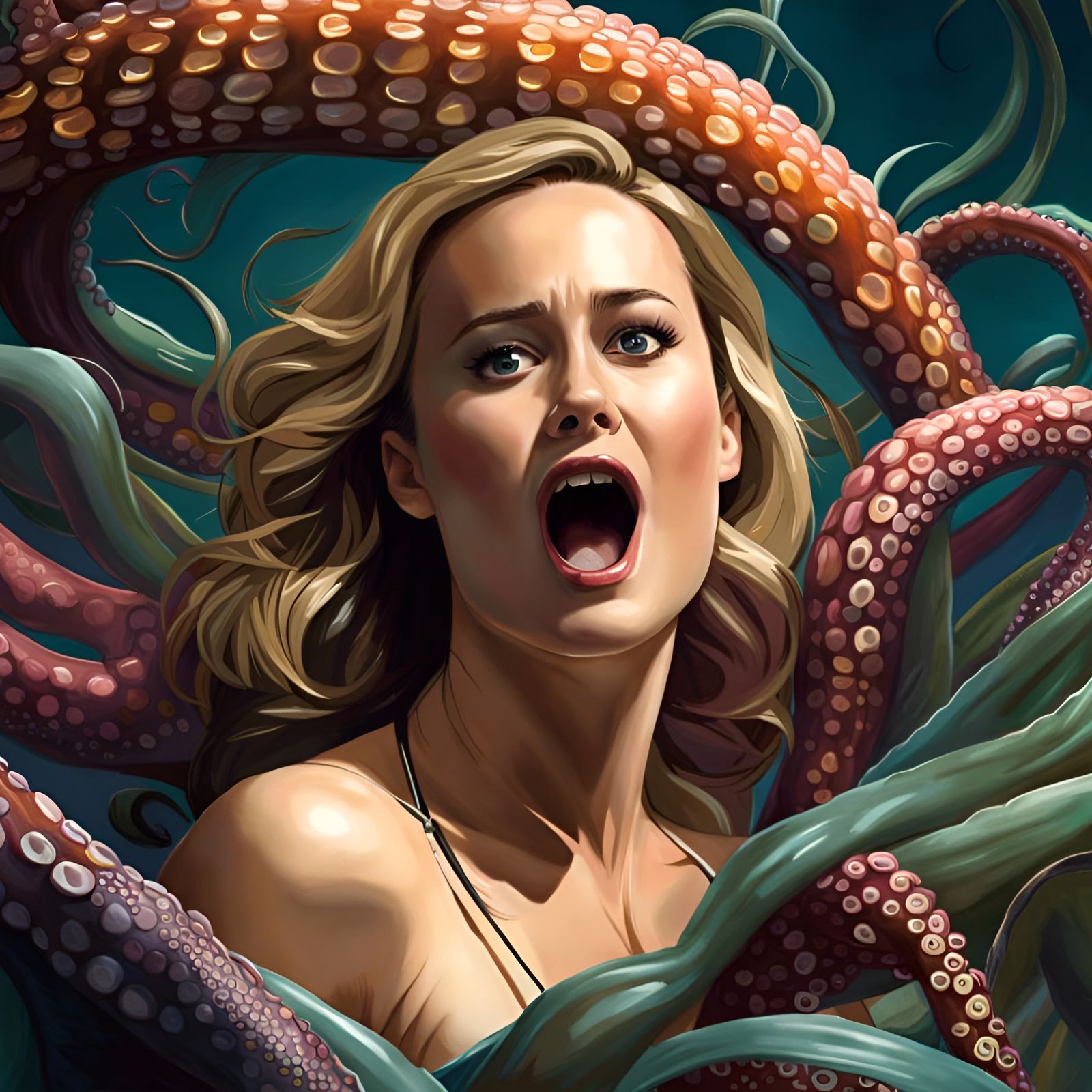 Beautiful actress Brie Larson and Large octopus