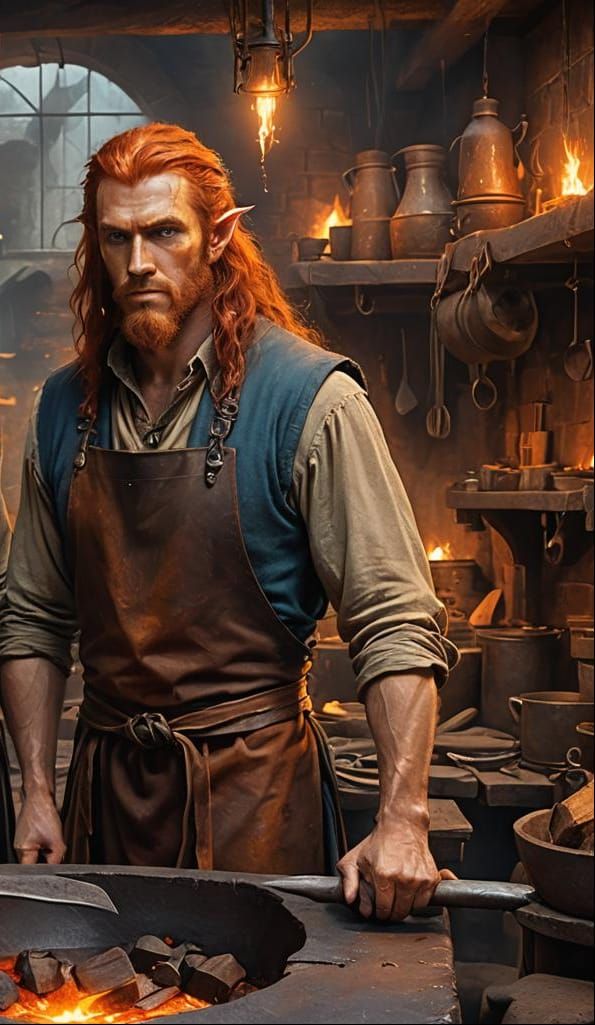 a  bearded male elf with long red hair  is standing in a forge.Next to him stands a younger  male elf ,who does  NOT hav...