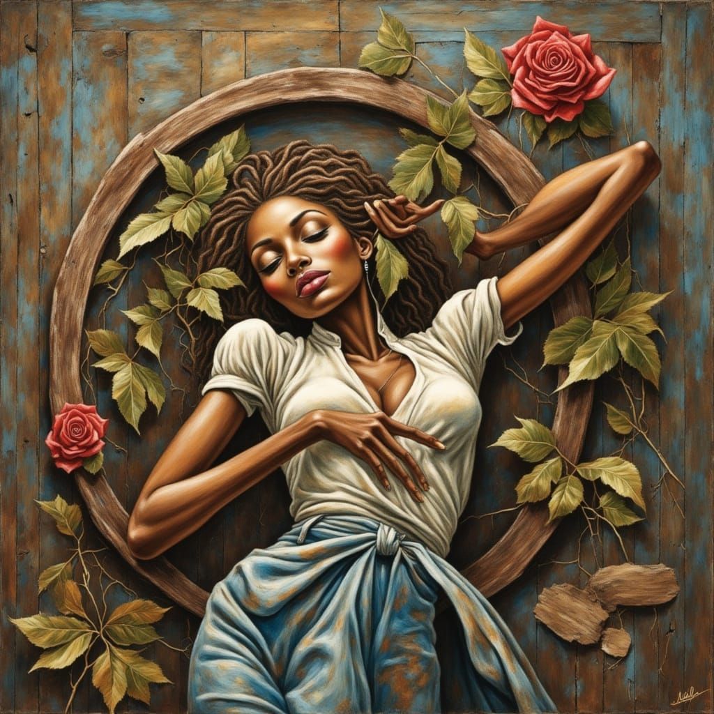 Woman in Mud with Red Rose as Impasto Oil Painting