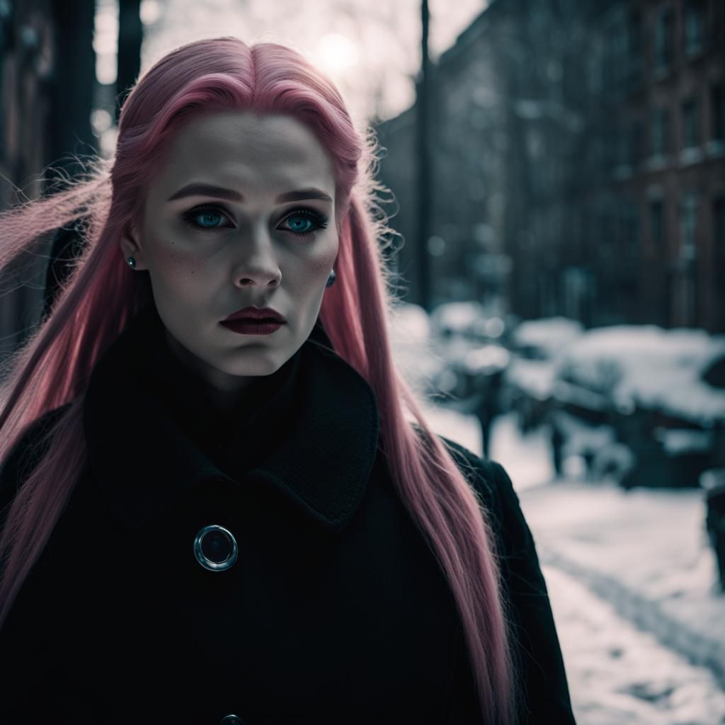 Russian Woman with Pink Hair in Film Noir Style
