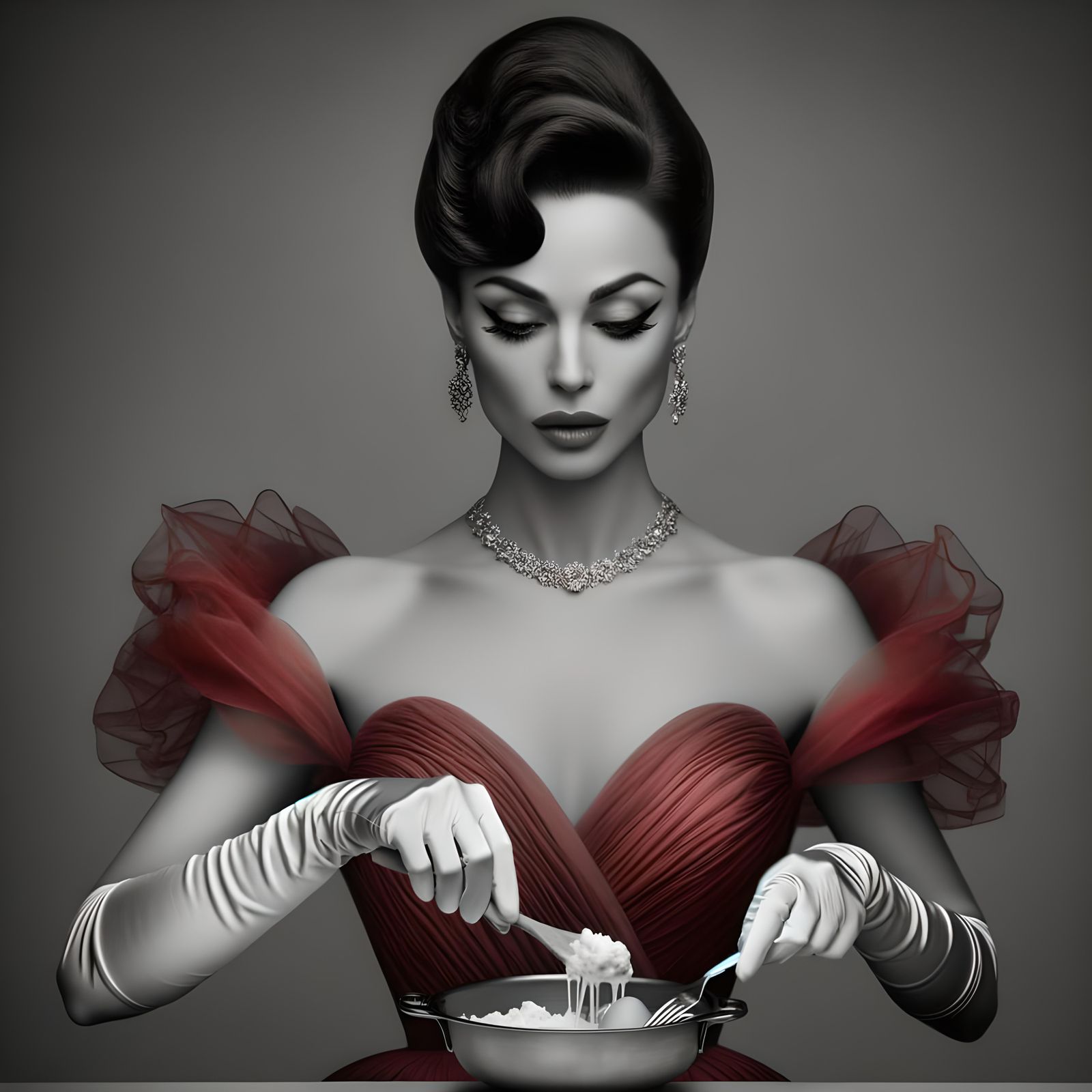 Elegant Woman Scrambling Eggs: High-End Studio Photography