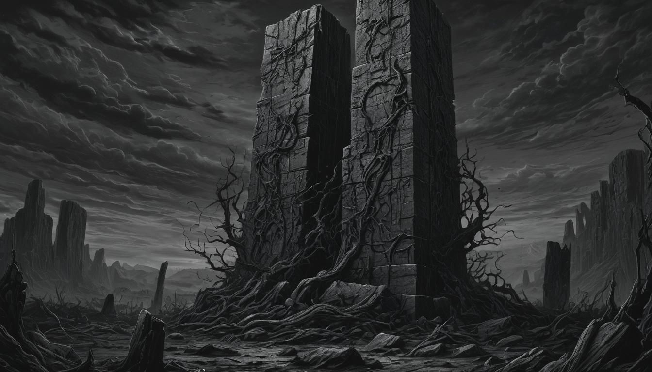 Ominous Monolith in Dark Gothic Illustration Style