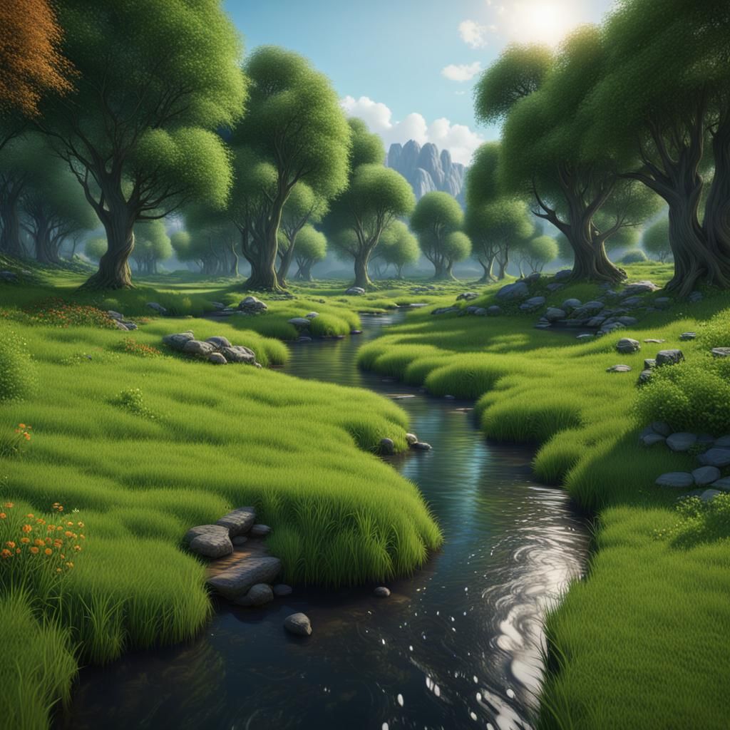 Lush Green Landscape with Stream in Fantasy Art Style