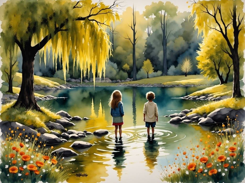 Serene Lake Scene in Vibrant Watercolor Style