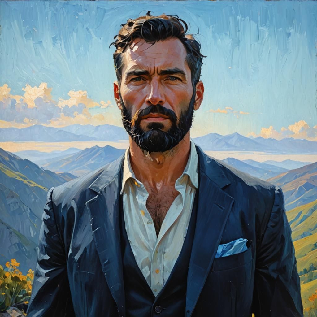 Neo-Impressionist Portrait of Man in Mountain Landscape