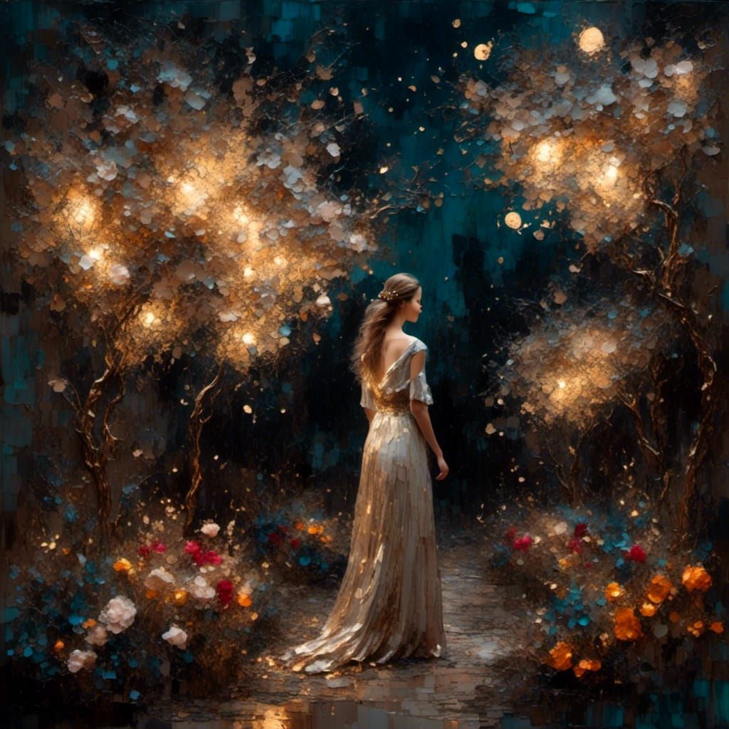 Woman in Moonlit Garden as Figurative Art