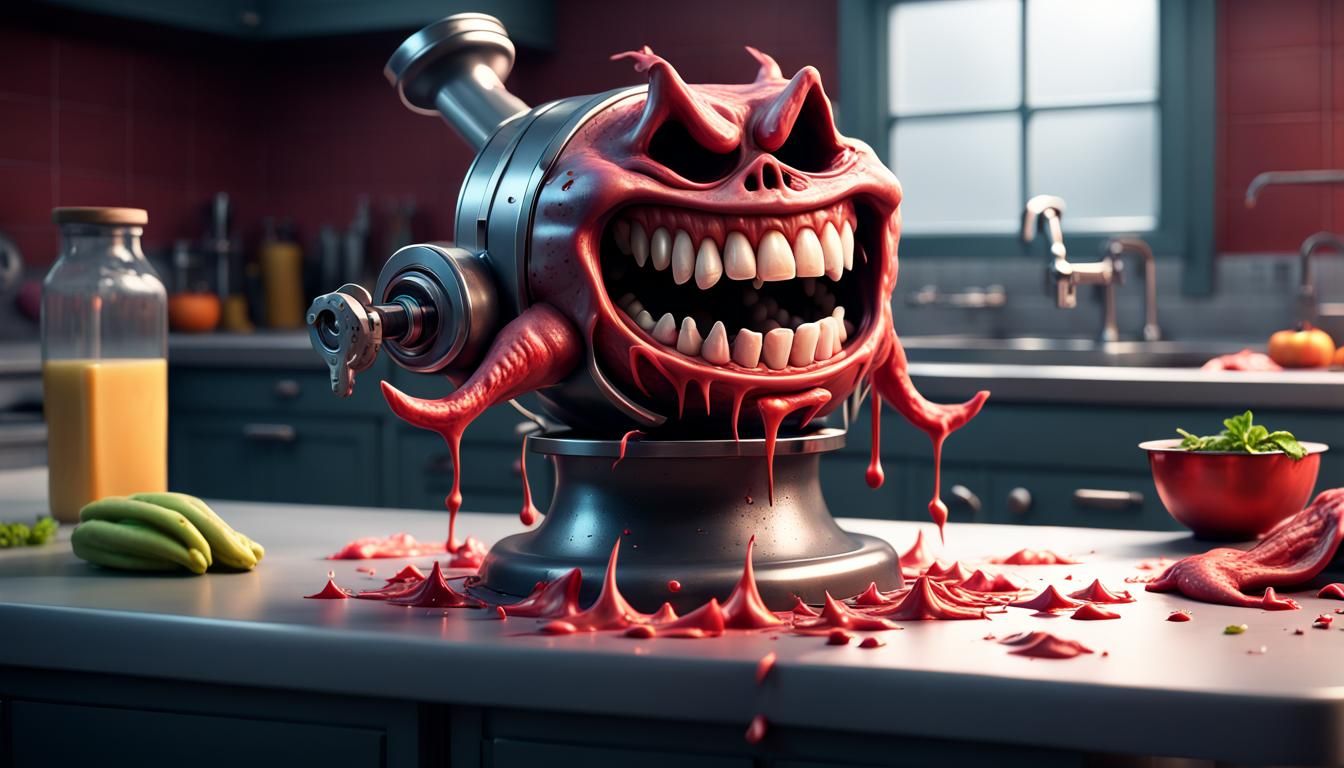 Evil Meat Grinder in Gothic Kitchen: 3D Digital Art