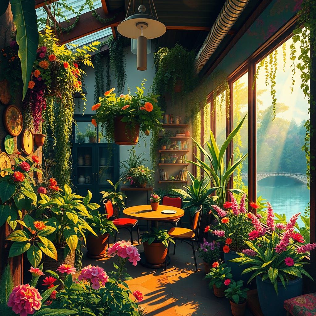 Cozy Hidden Garden Oasis in Film Noir Style