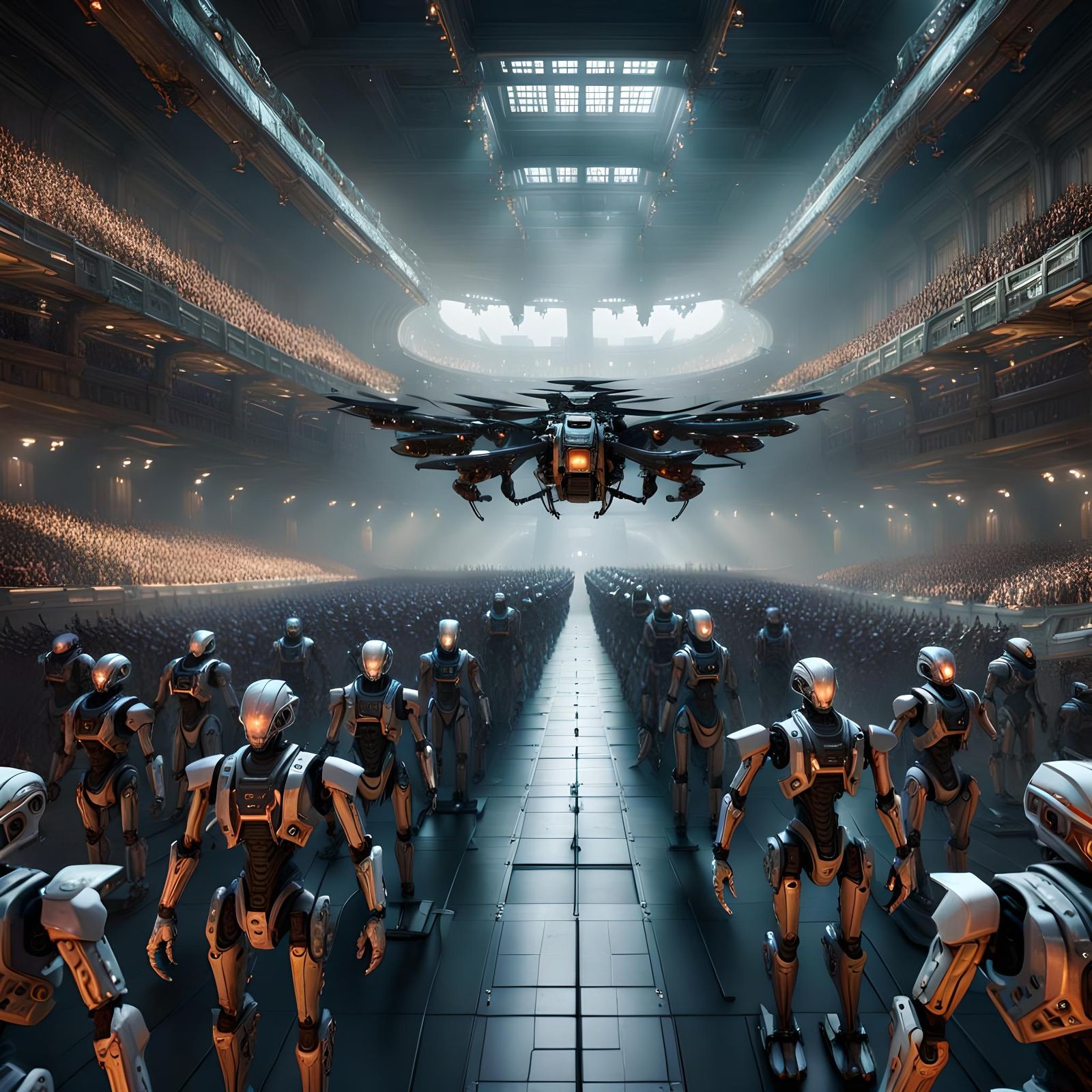 Legions of Faceless Drones in Cyberpunk Auditorium