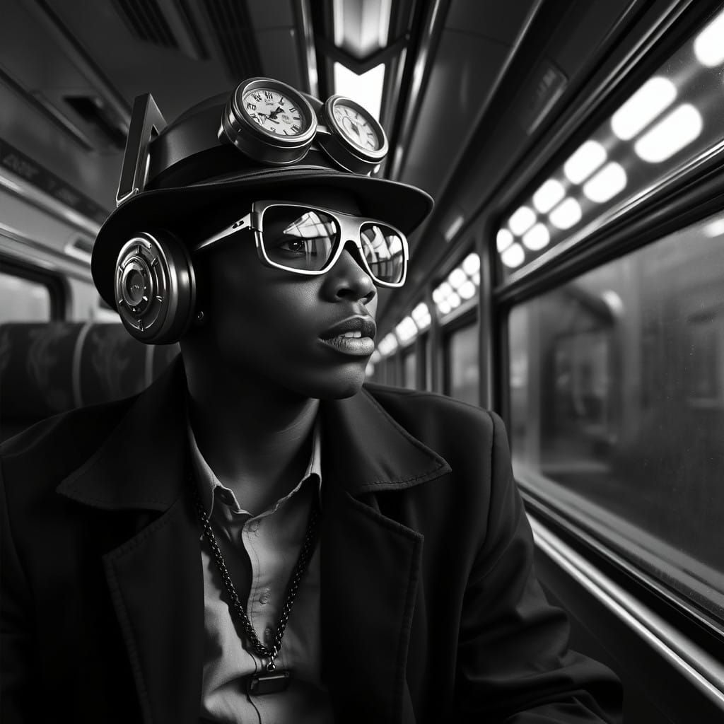 Black and white photorealistic 64k beefcake, 10, Klaus-Nomi-style, Afrofuturism, adventurous, train, chiaroscuro,