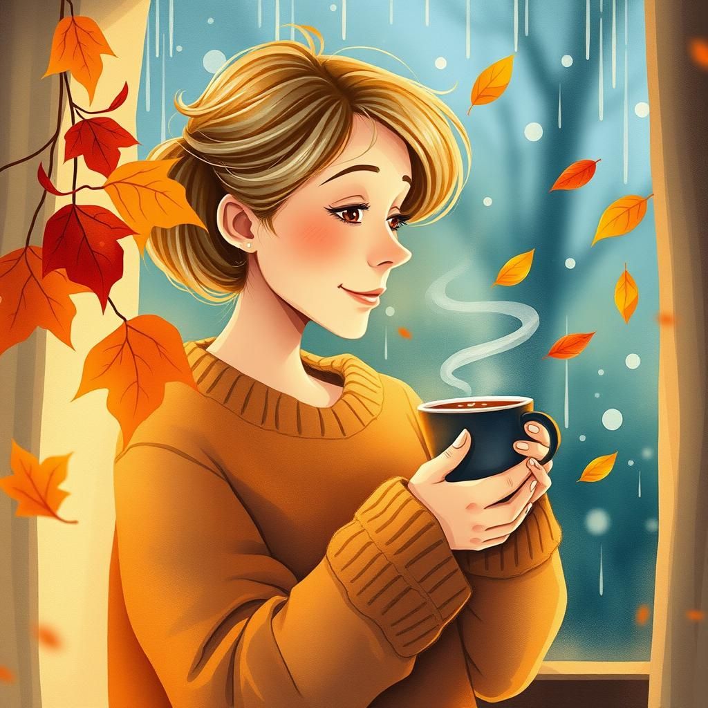 Cozy Autumn Coffee Break in Watercolor Cartoon Style