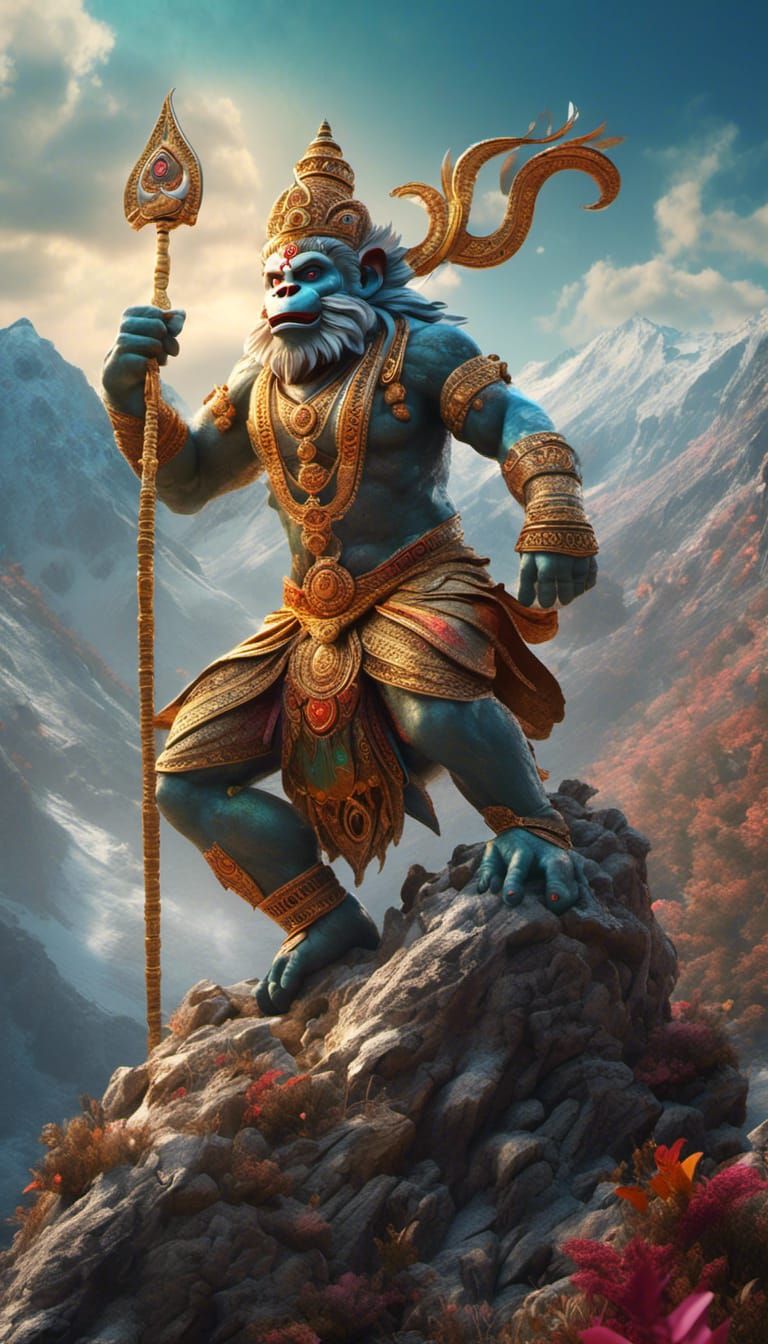 Hyperrealistic Hanuman Ji on Mountain Splash Art