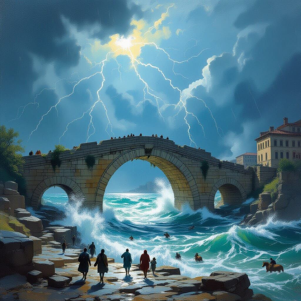 Ancient Roman Bridge Overwhelmed by Flood, Painterly Style