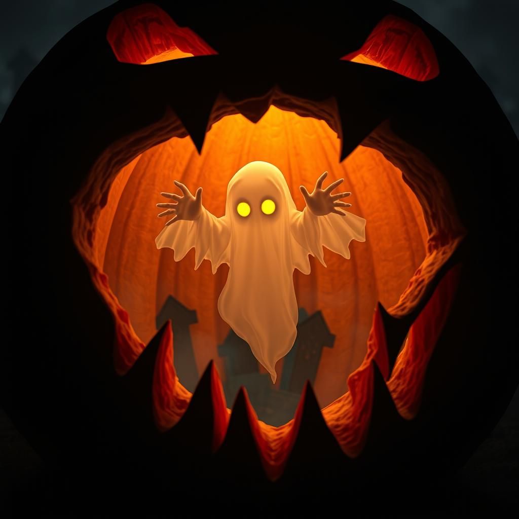 Eerie Ghost in Jack'o'Lantern Overlooking Graveyard