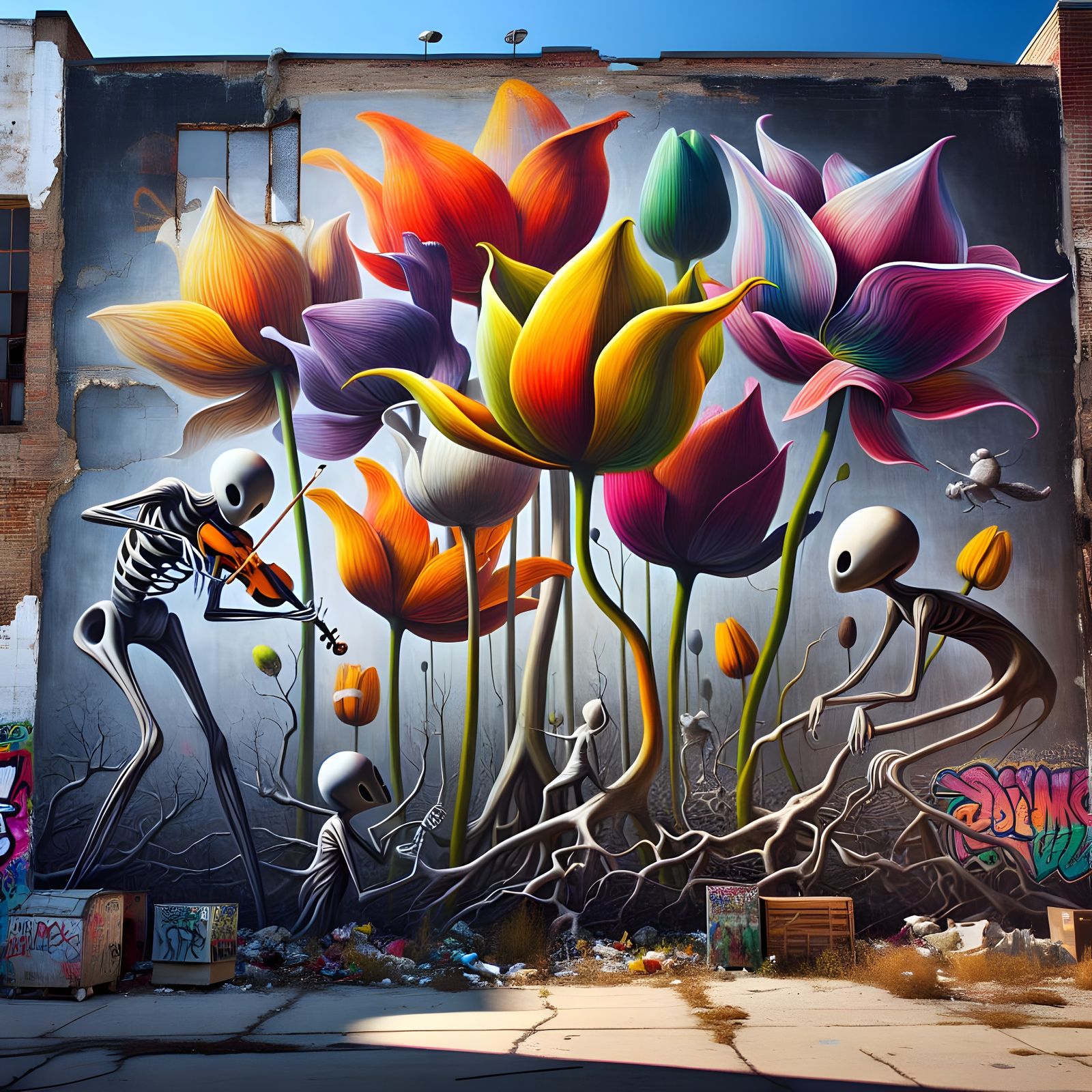Graffiti Mural with Surreal Flowers and Characters