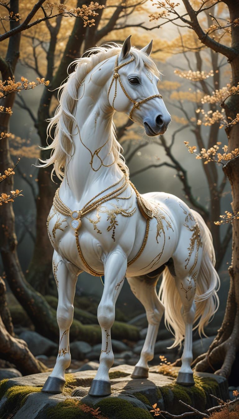 Mythical Kintsugi Horse in Serene Japanese Forest