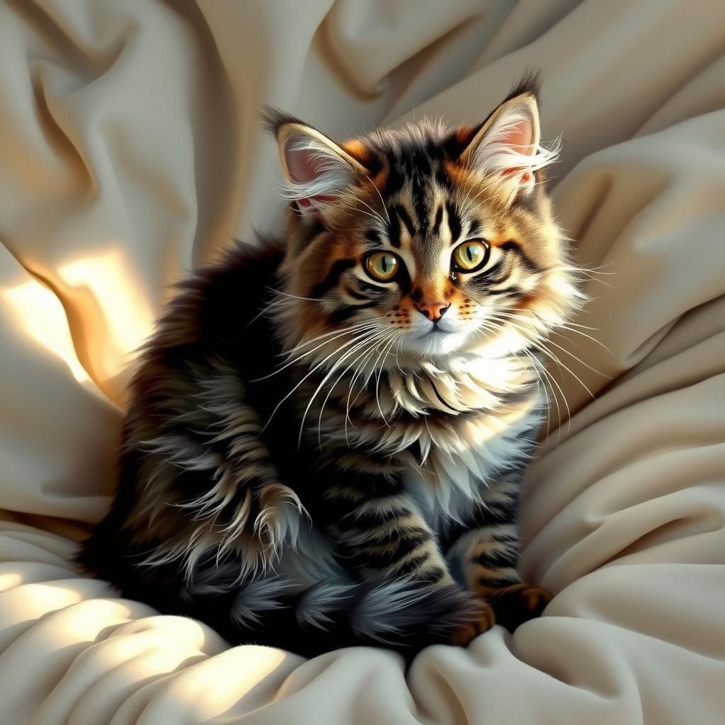 Photorealistic Tabby Cat on Plush Bed