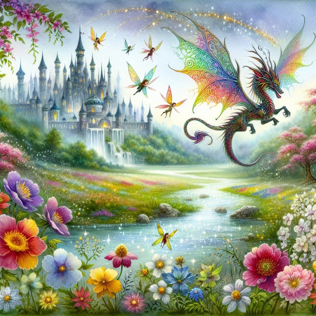 Vibrant Fairy Kingdom in Watercolor Painting