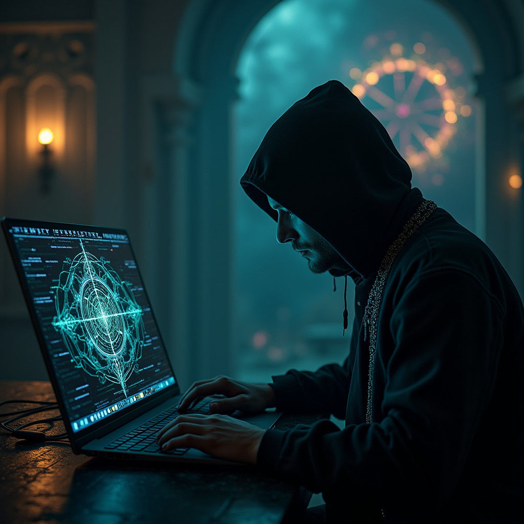 Mystical Hacker Chamber with Ethereal Computer Screen Glow