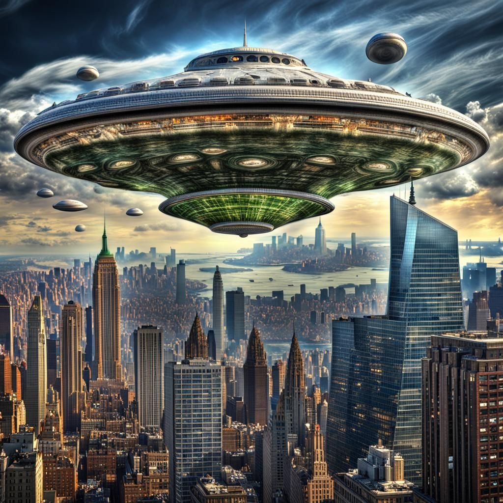 Alien Flying Saucers Attack New York: Hyperrealistic HDR