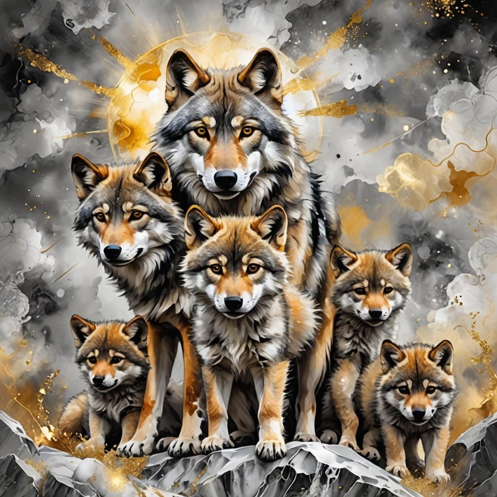 Wolf and Cubs in Abstract Alcohol Ink Art