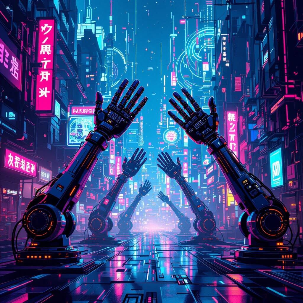 Robotic Arms Waving in a Neon Cyberpunk Cityscape