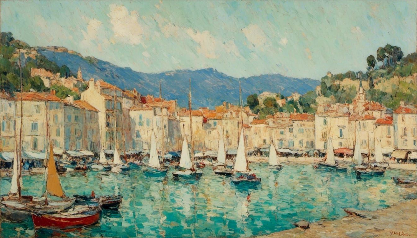 Villefranche-sur-Mer: Sailboats in Colorist Oil Painting