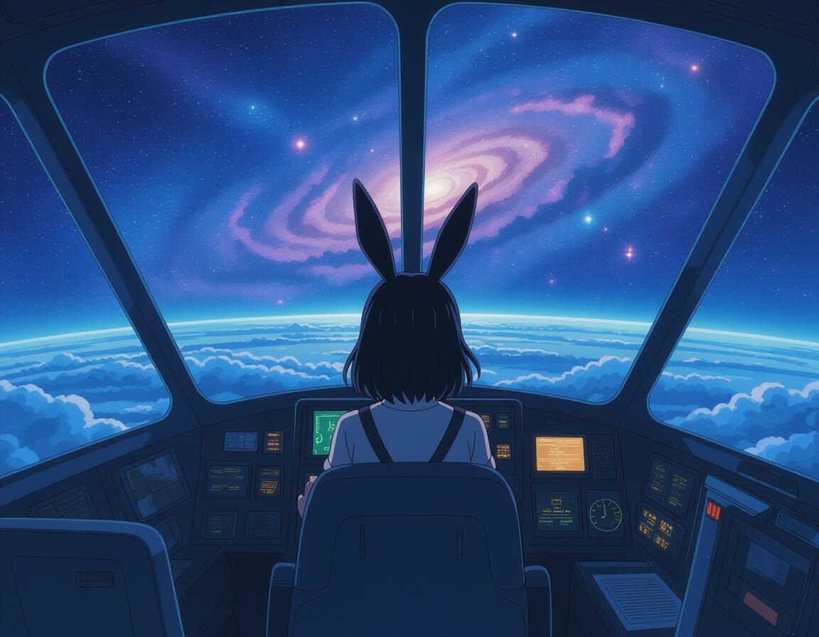 Anime Woman Gazing at Stars in Spaceship Cockpit