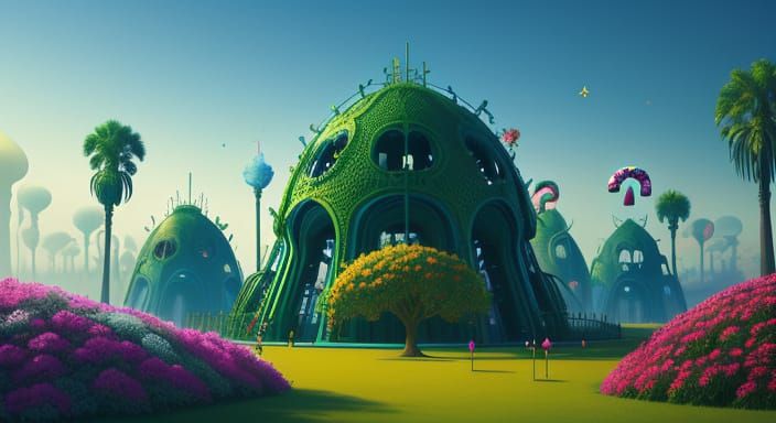 Surreal Park Scene with Unique Figures and Flora