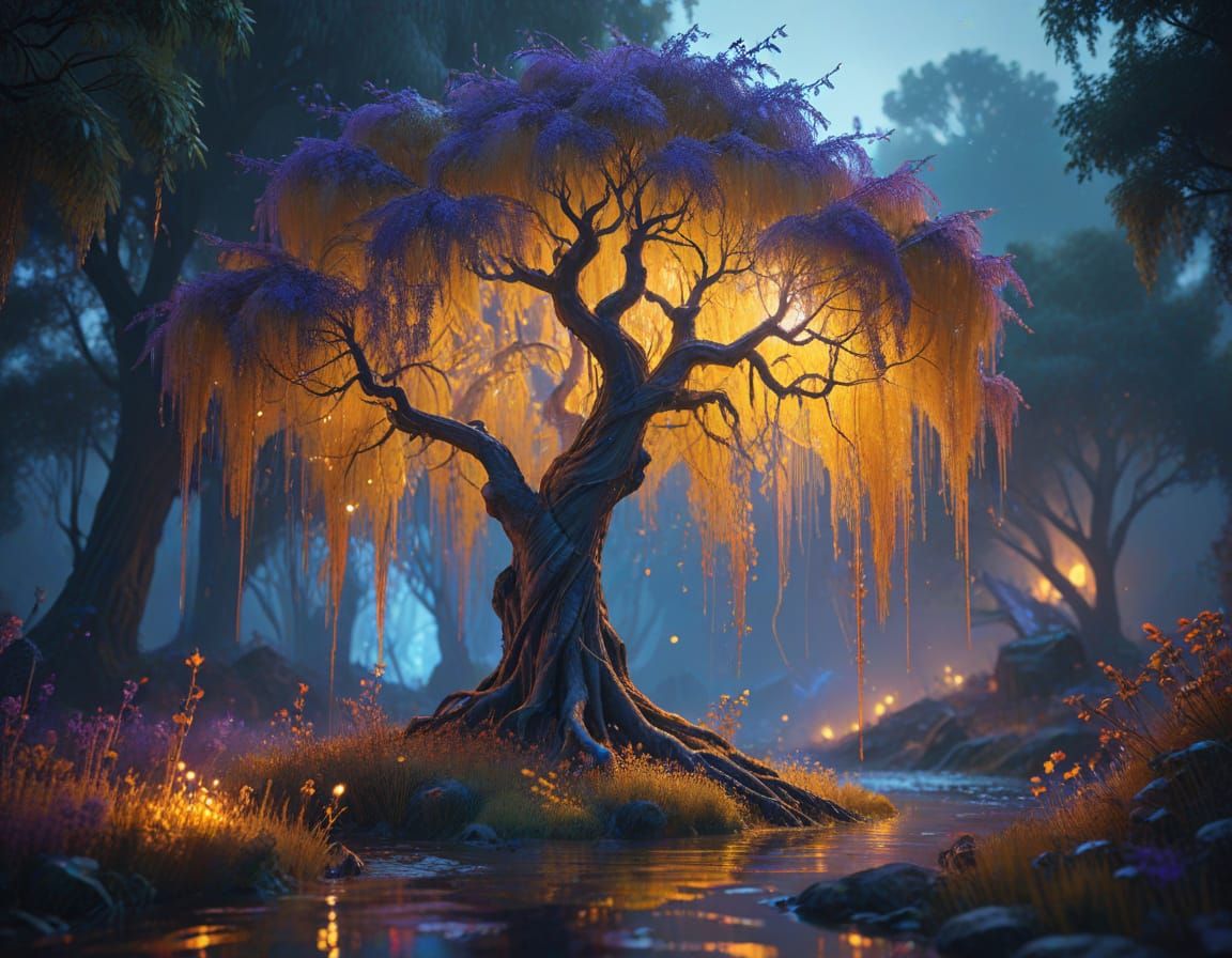 Ethereal Weeping Willow in Vibrant, Dreamlike Landscape