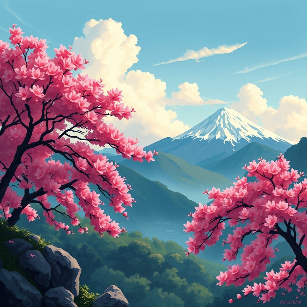Japan Landscape with Cherry Blossoms in Digital Impressionis...