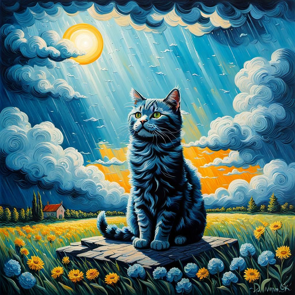 Sad Cat Under Rain Cloud: 1980s Impasto Drawing