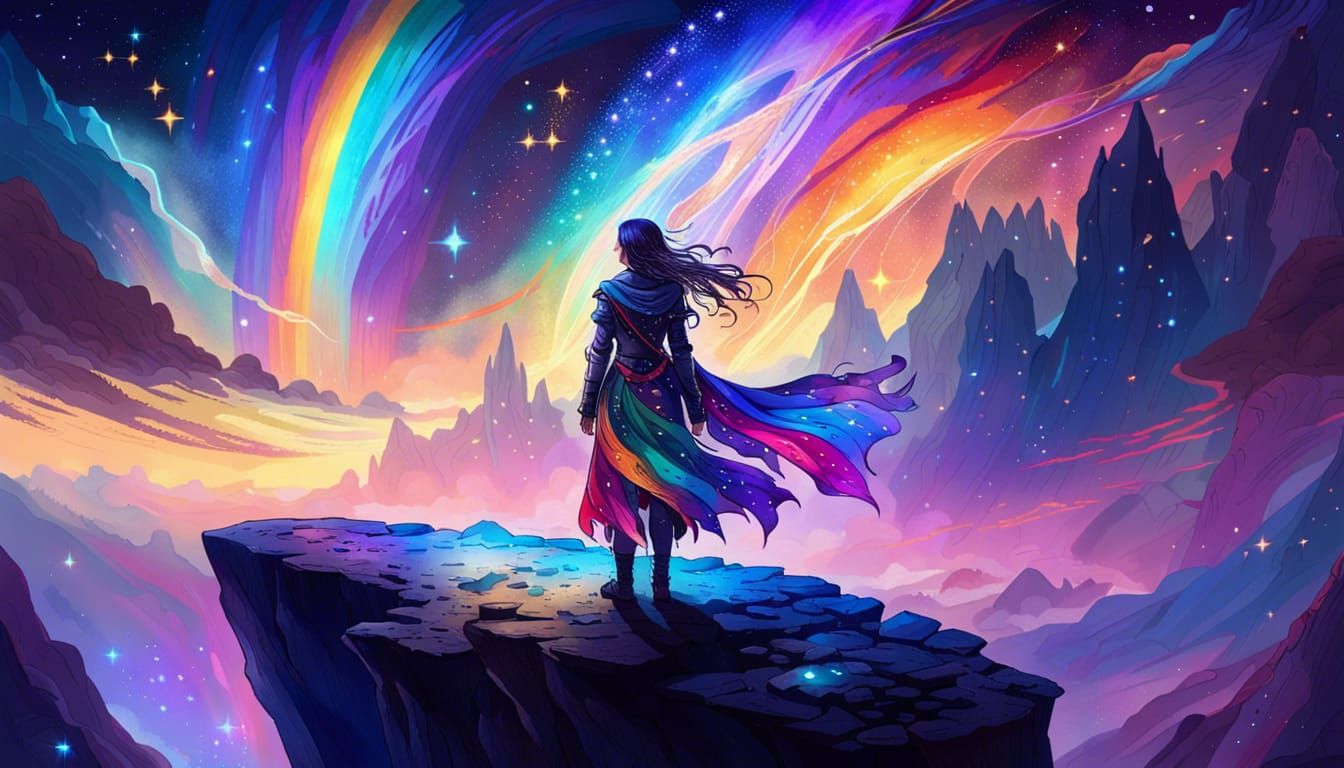 Female Mage Overlooking Cosmic Rainbow Landscape