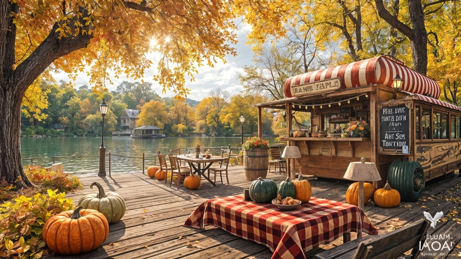 Cozy Lakeside Autumn Café in Whimsical Countryside Setting