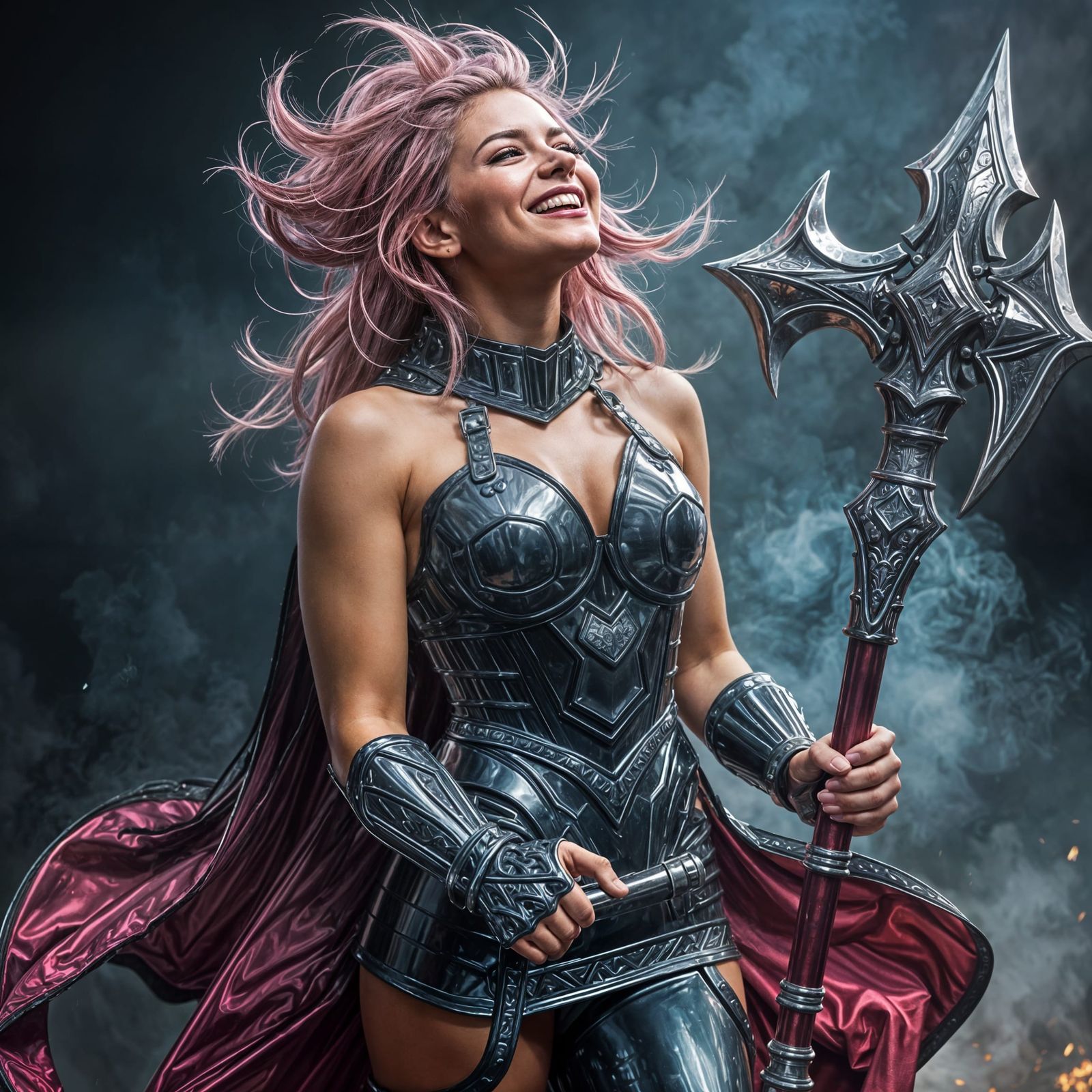 Laughing Woman in Latex Armor with Battle Axe