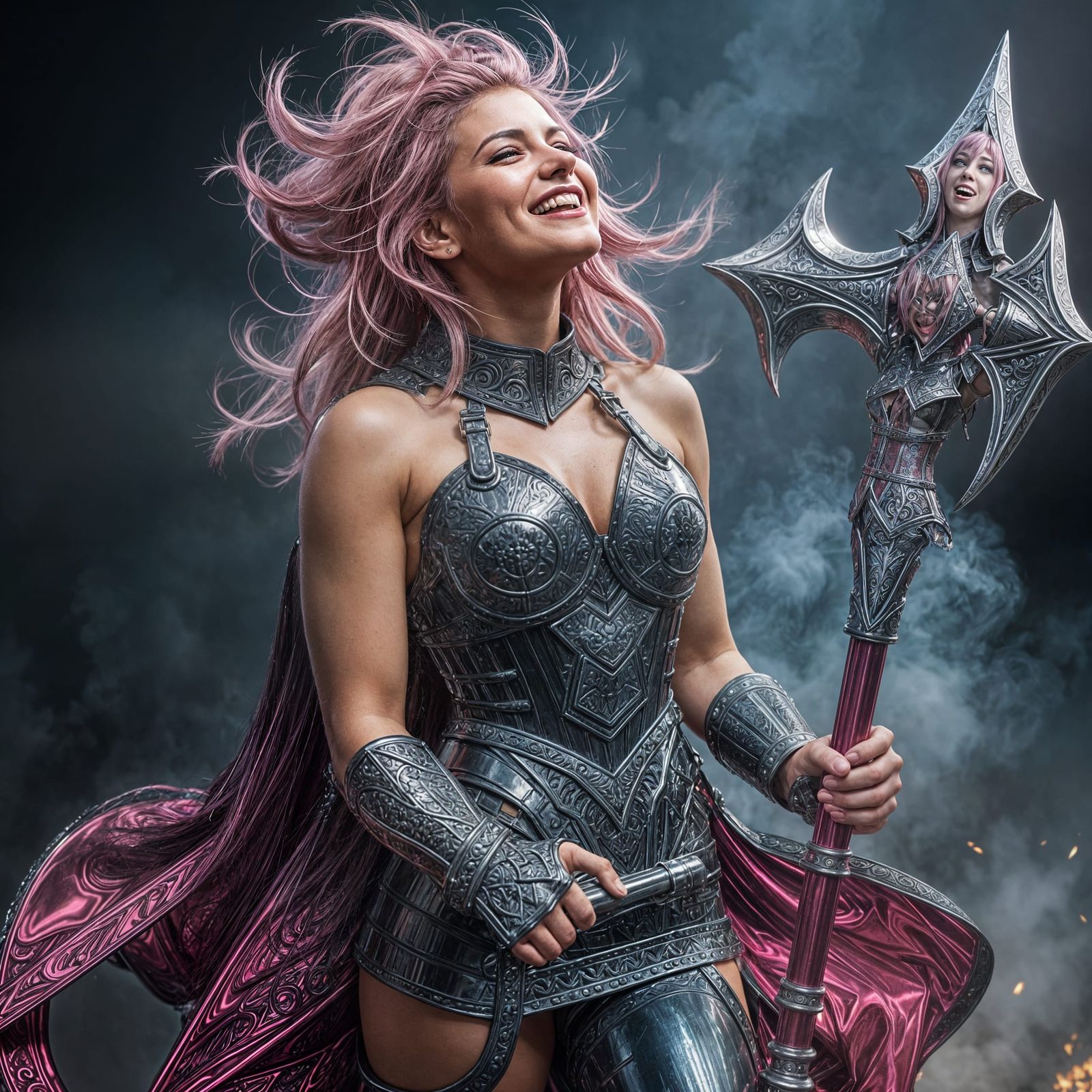 Laughing Warrior Goddess in Shiny Latex Armor