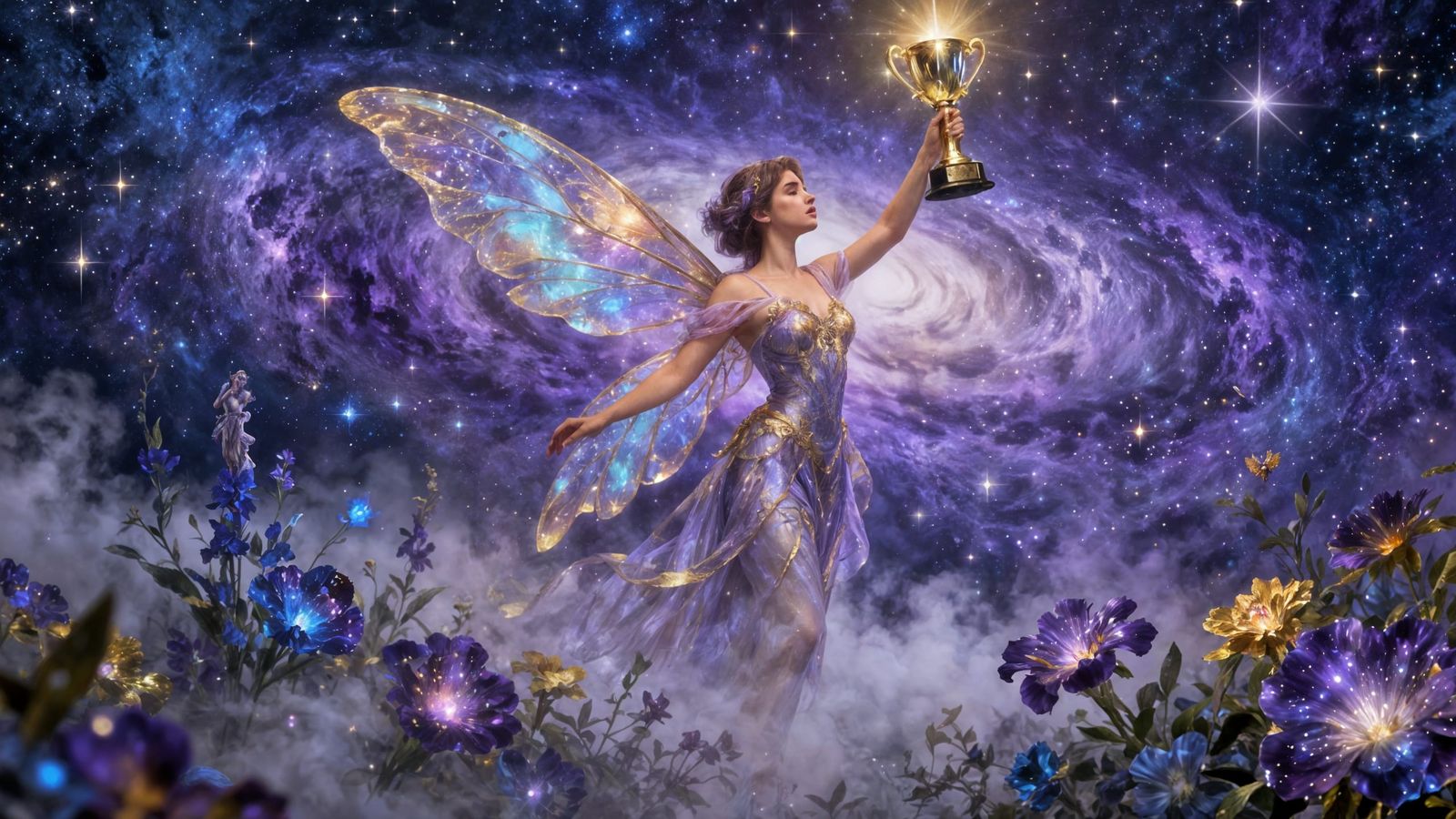 Cosmic Fairy with Glowing Trophy in Nebula