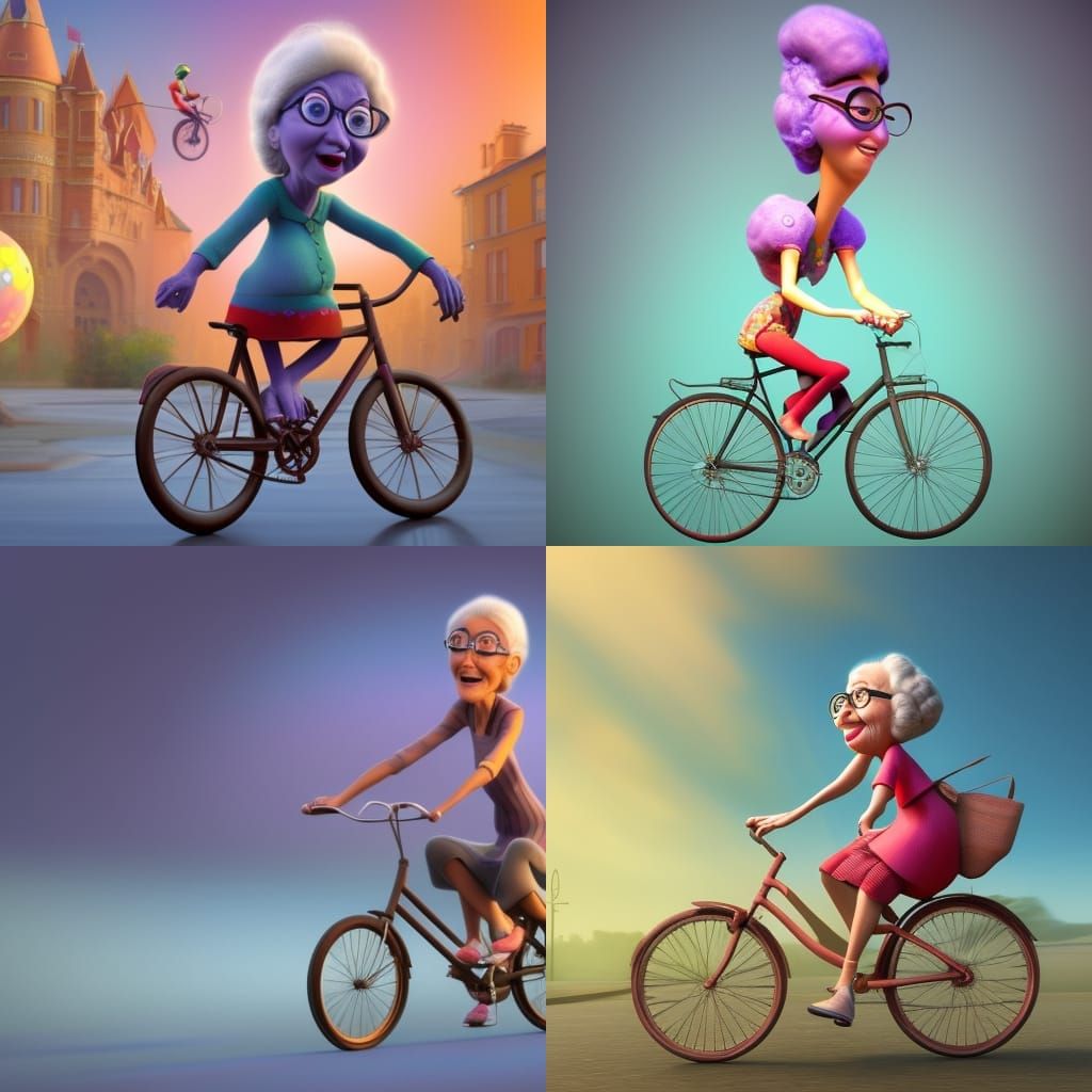 Grandmother Rides Bicycle: 3D Digital Art