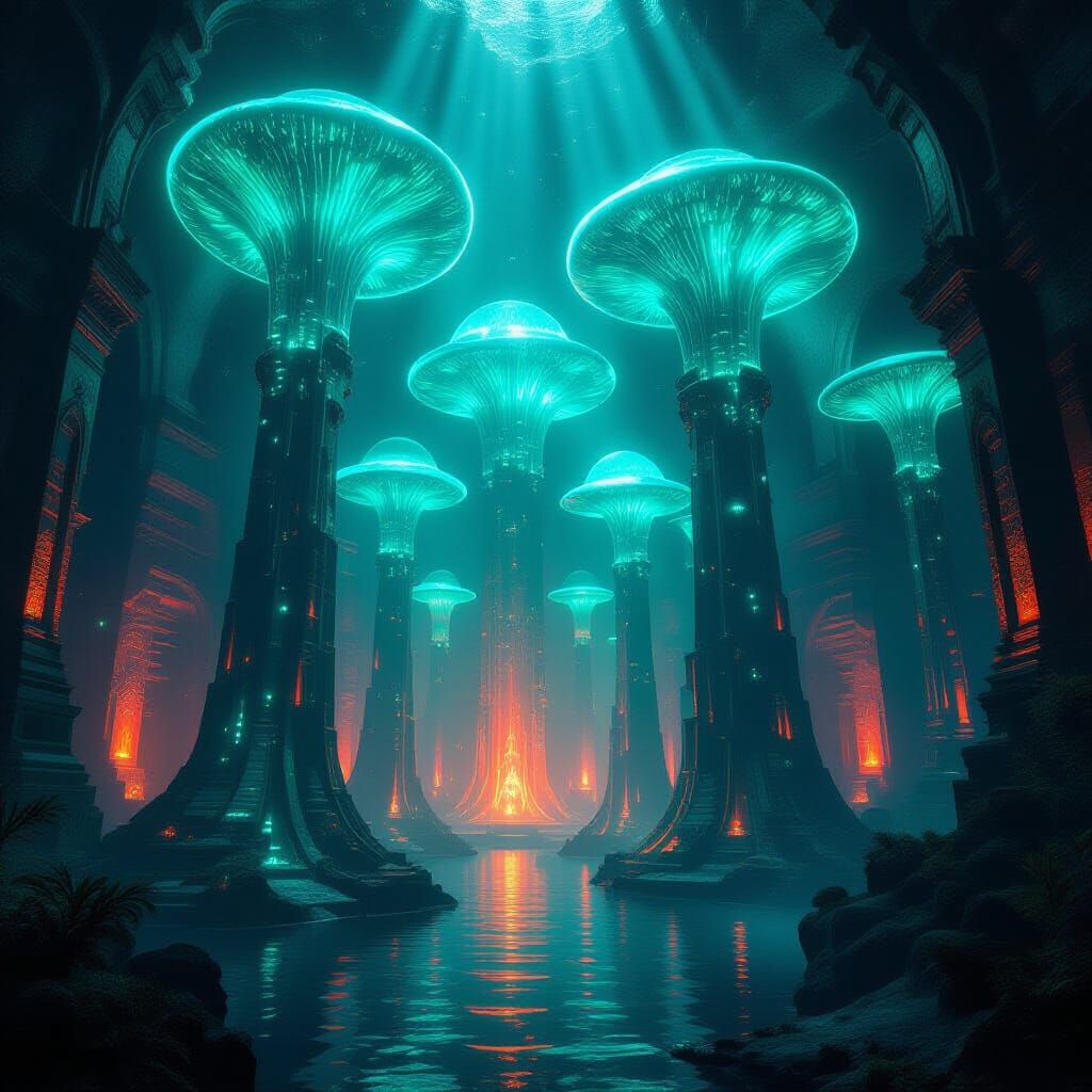 Underwater Cathedral Labyrinth with Bioluminescent Fungi