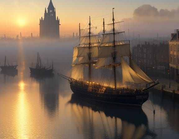 Victorian Port City at Sunrise Oil Painting