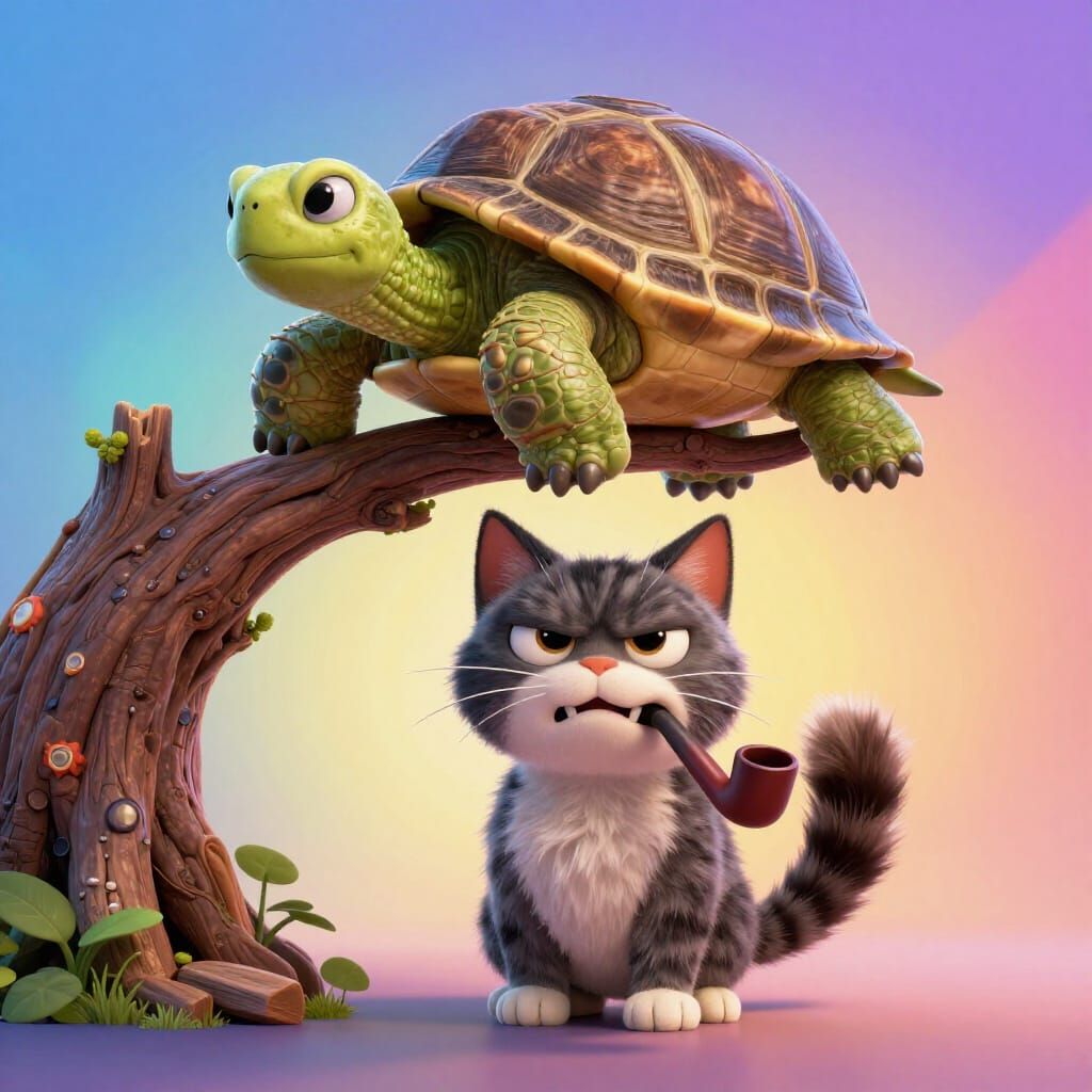 Grumpy Cat with Pipe and Turtle in Tree, 3D Digital Art