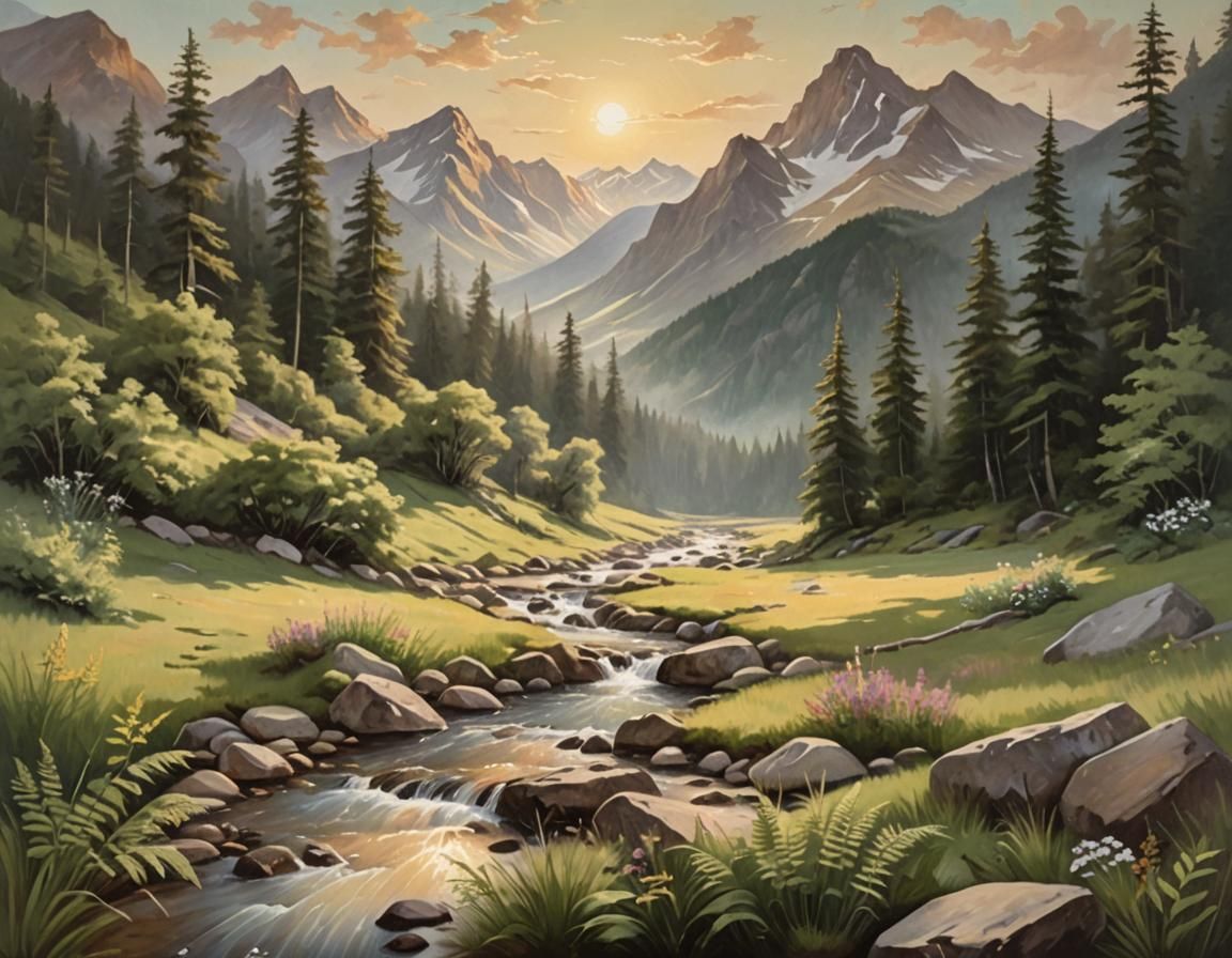 Romantic Mountain Valley Oil Painting