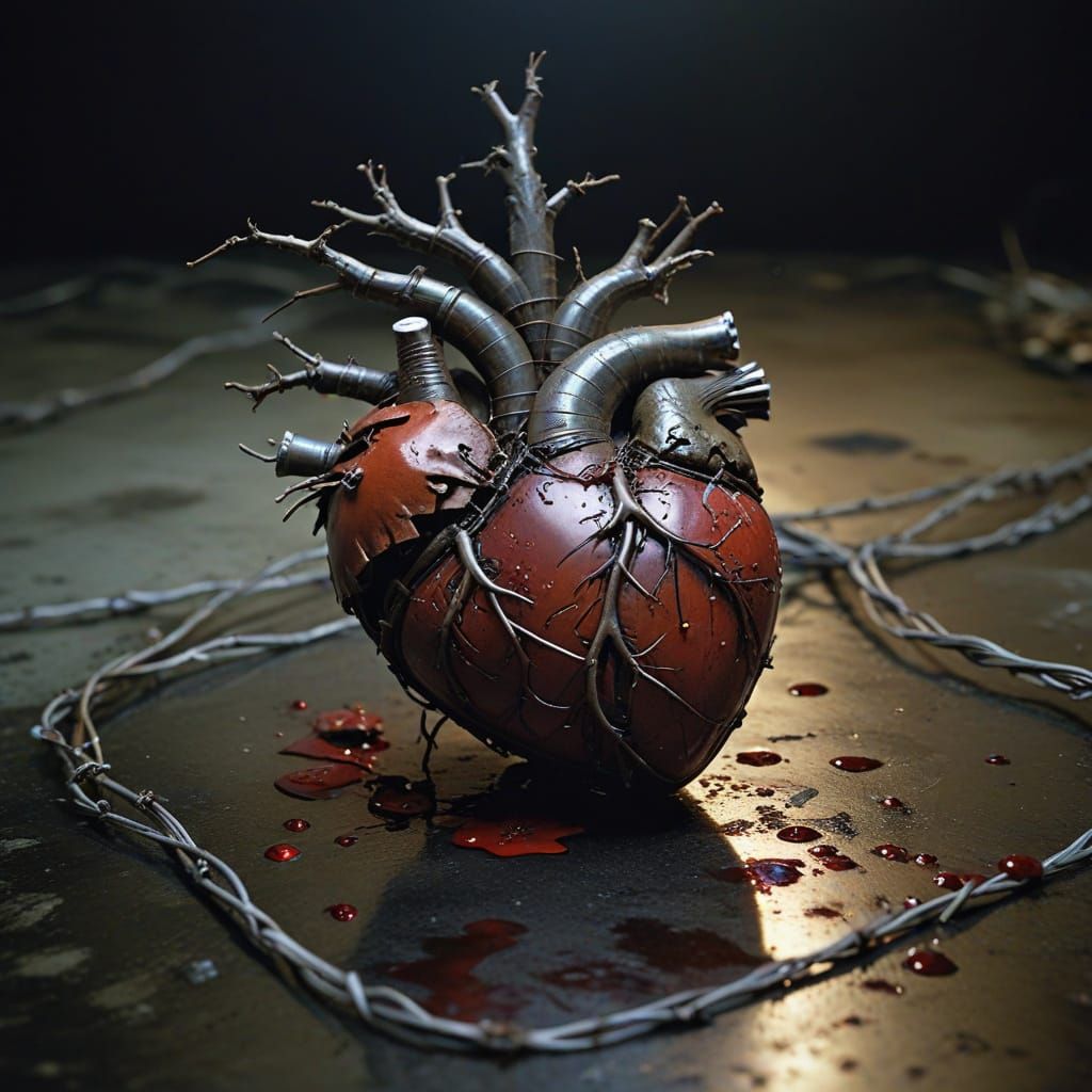 Heart Wrapped in Barbed Wire in Palm, with Blood Droplets on...